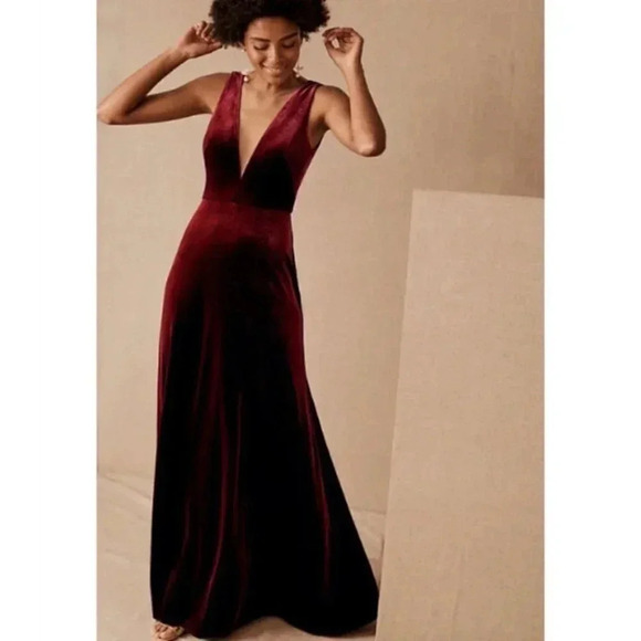 NWT Anthropologie Jenny Yoo Logan Velvet Maxi Dress Long formal in Red Berry 0 - Picture 1 of 12